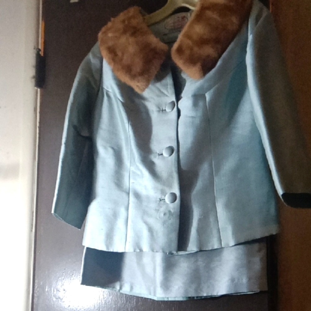 Vintage skirt suits light Blue  with Plush Brown Fur Collar
